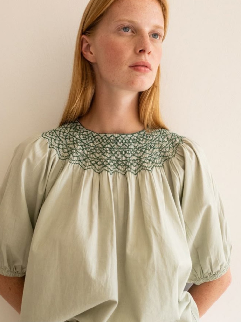 Smocked Yoke Puff-Sleeve Top -  Green